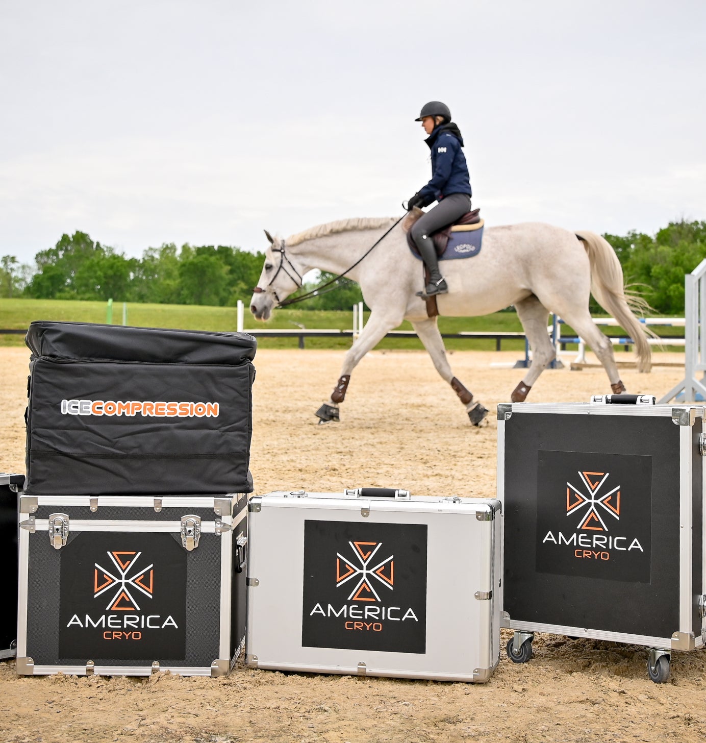 Boxes with AmericaCryo equipment stand in front of a woman who rides a horse